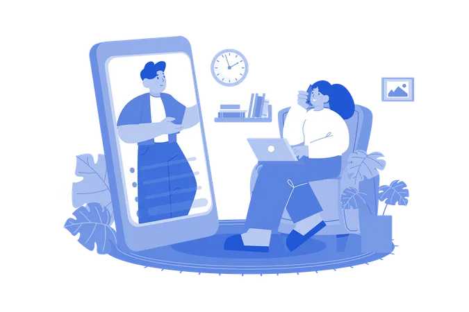 A woman using a laptop and making a video call at home  Illustration