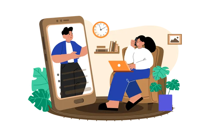 A woman using a laptop and making a video call at home Illustration