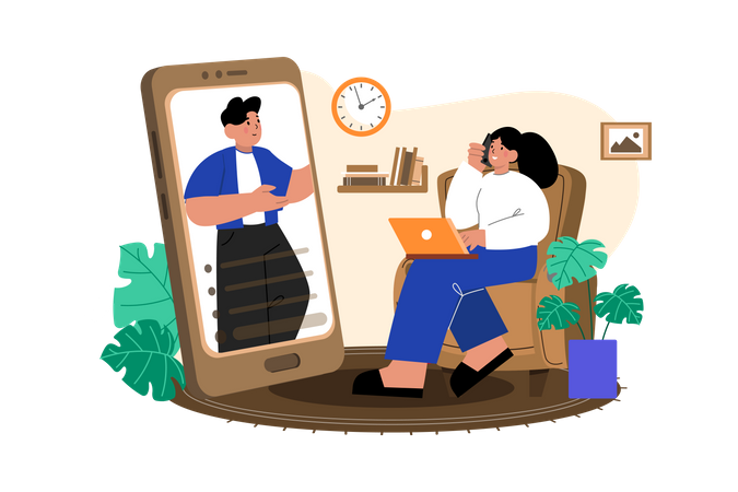 A woman using a laptop and making a video call at home  Illustration