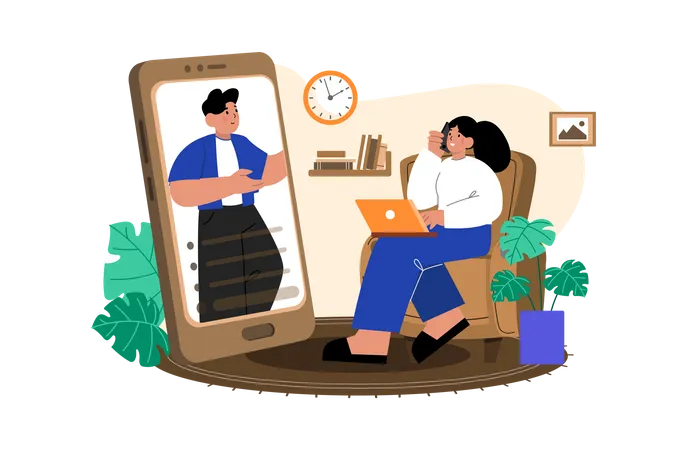 A woman using a laptop and making a video call at home  Illustration