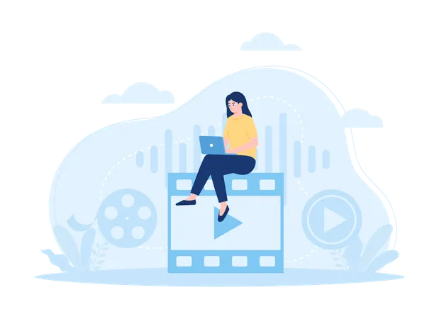 A Woman Atching Movie Via Laptop Trending Concept Flat Illustration イラスト