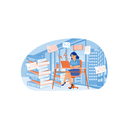 A woman with a tired and stressed face is in the office  Illustration