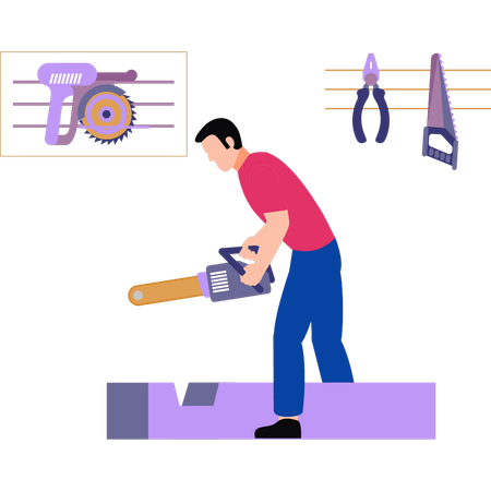 A worker is cutting wood with a chain saw  Illustration