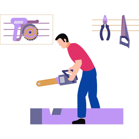 A worker is cutting wood with a chain saw  Illustration