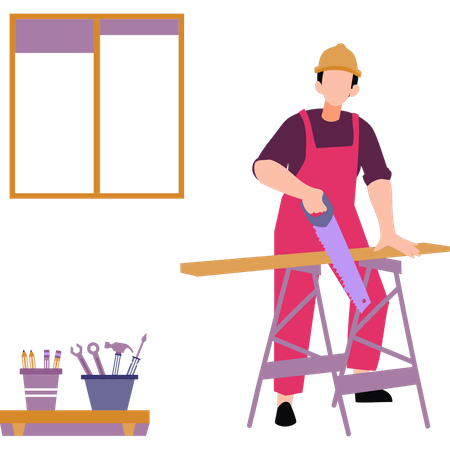 A worker is cutting wood with a saw  Illustration