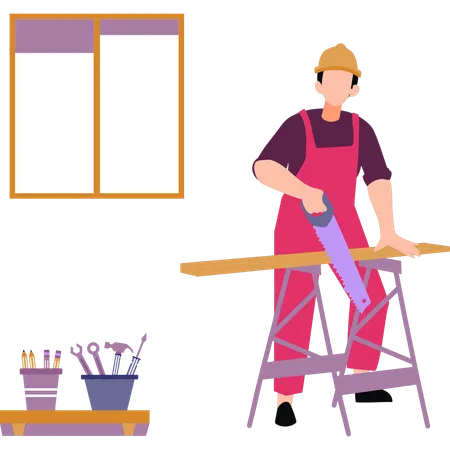 A worker is cutting wood with a saw  Illustration