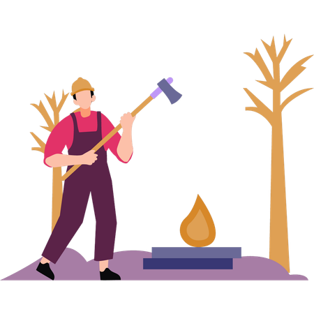 A worker is standing in the forest with an axe  Illustration
