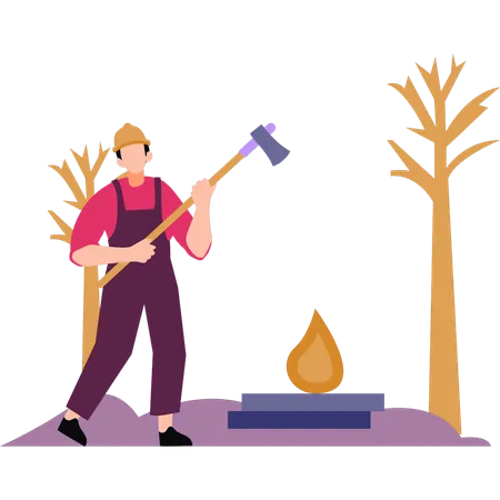 A Worker Is Standing In The Forest With An Axe Illustration