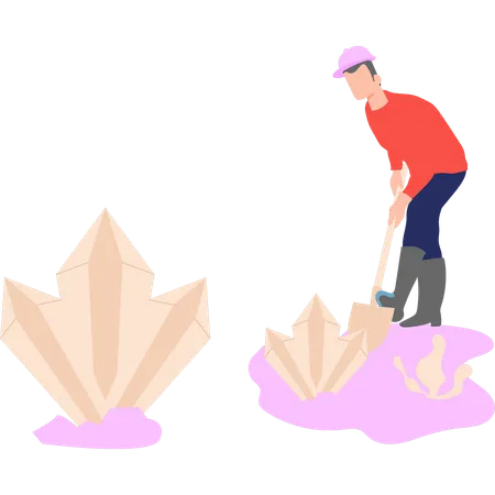 A Worker Is Working At The Crystal Landscape Illustration