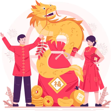 A Young Couple In Traditional Chinese Costumes Celebrates Chinese New Year With A Yellow Dragon A Man Holding Confetti A Woman Holding A Red Envelope And A Lantern Illustration