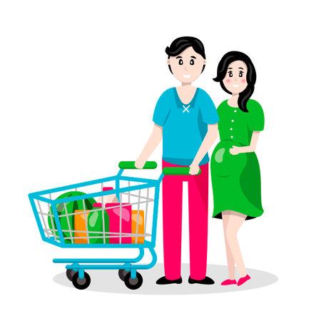 A young family, a man and a pregnant woman are carrying a cart in a supermarket with groceries  Illustration