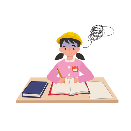 A young girl in a japanese kindergarten uniform struggles with difficult homework at her school desk  Illustration