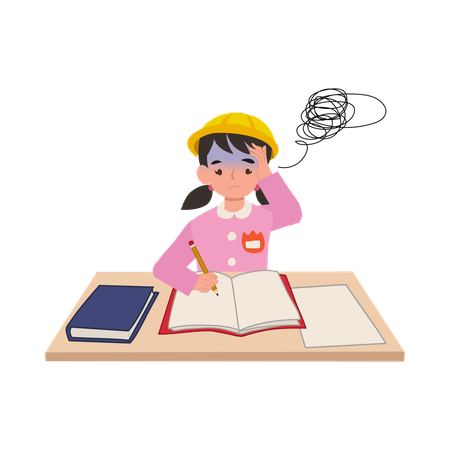 A young girl in a japanese kindergarten uniform struggles with difficult homework at her school desk  Illustration