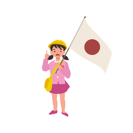 A young kindergarten girl in school uniform holds the japanese flag and introduces japanese culture, traditions  Illustration