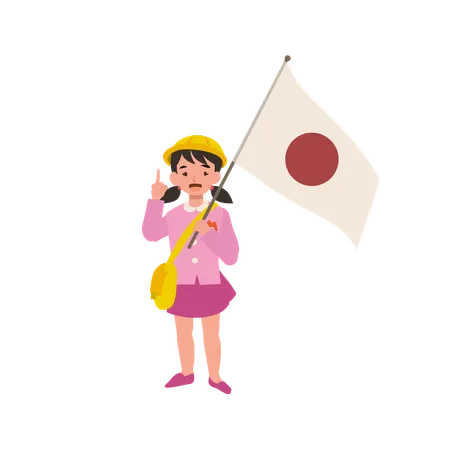 A young kindergarten girl in school uniform holds the japanese flag and introduces japanese culture, traditions  Illustration