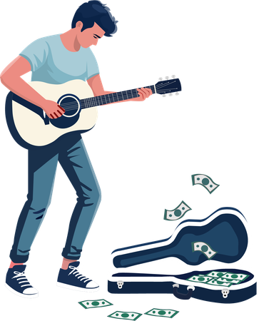 A young man plays guitar on a public sidewalk  Illustration