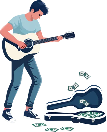 A young man plays guitar on a public sidewalk  Illustration