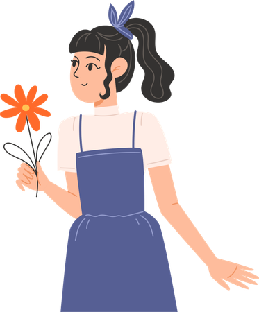 A young woman holding a flower  イラスト