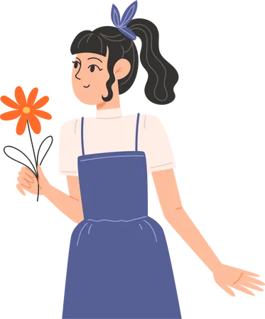 A young woman holding a flower  イラスト