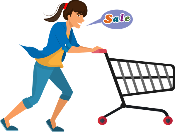 A young woman quickly pushes her car because there is a sale on it.  Illustration