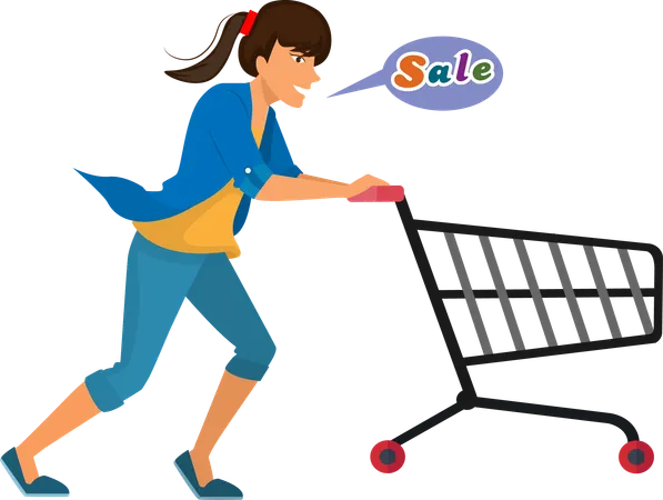 A Young Woman Quickly Pushes Her Car Because There Is A Sale On It Illustration