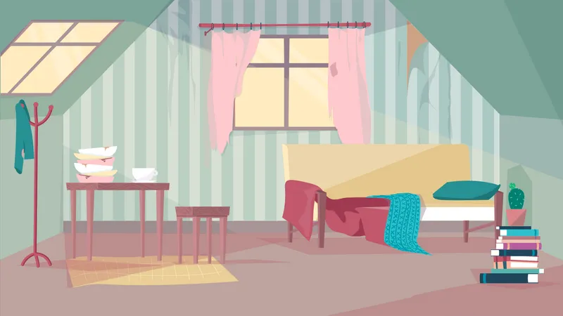 Old Abandoned Room Interior Concept In Flat Cartoon Design Poor Sofa With Pillow And Blanket Table And Chair Cracked Dishes Window With Messy Curtains Vector Illustration Horizontal Background Illustration