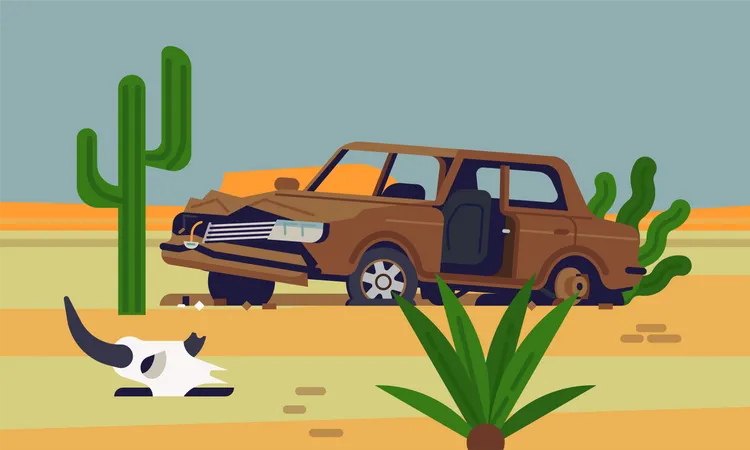 Abandoned rusty old car wreckage in desert with saguaro cactus and an animal skull next to it  Illustration