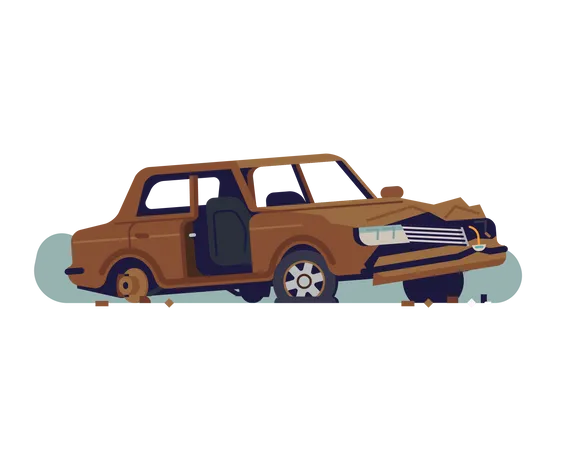 Abandoned rusty old car wreckage with torn out door  Illustration