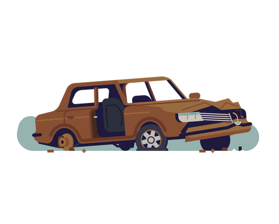 Abandoned rusty old car wreckage with torn out door  Illustration