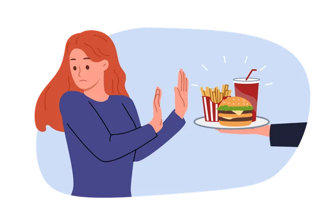 Ablehnung von Fast Food demonstriert eine Frau, die eine Diät machen und die Kalorienmenge reduzieren möchte  Illustration