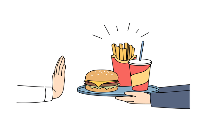 Ablehnung von Fast Food und ungesunden Produkten durch Handbeweise  Illustration