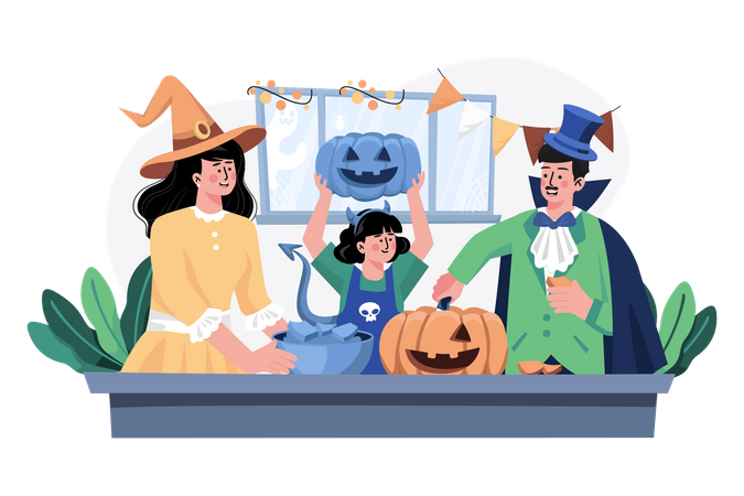 Família decorando abóbora para o Halloween  Ilustração