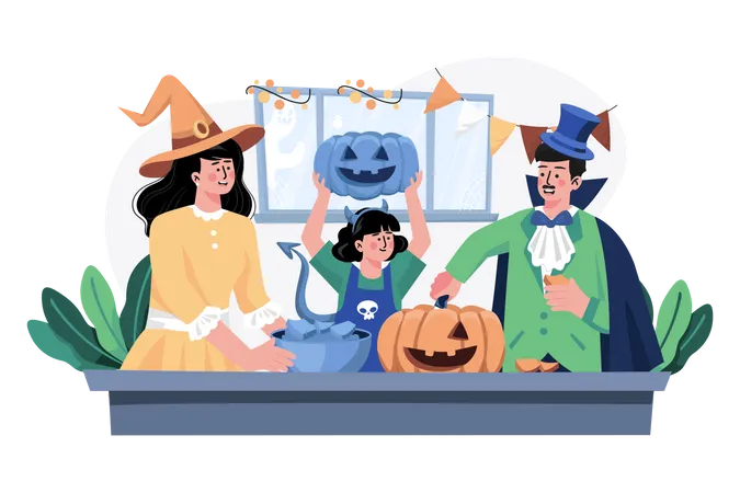 Família decorando abóbora para o Halloween  Ilustração