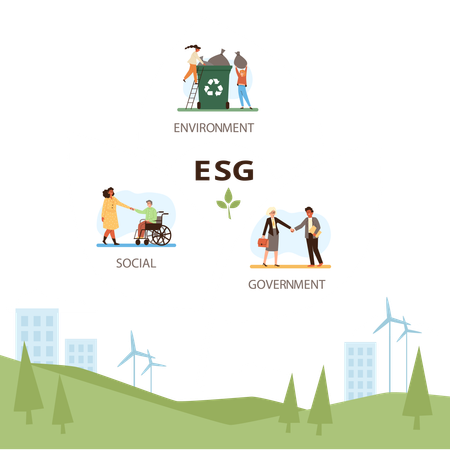 Abordagem ESG na paisagem com cidade ecológica, ambiente social e governança corporativa  Ilustração