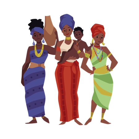 Aborígenes africanos em roupas étnicas tradicionais e joias, mulheres negras tribais com jarro de bebê  Illustration