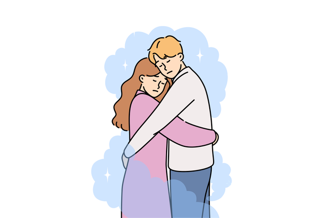 Abraça o homem e a mulher para apoiar a outra metade em momentos difíceis da vida e em situações estressantes  Ilustração
