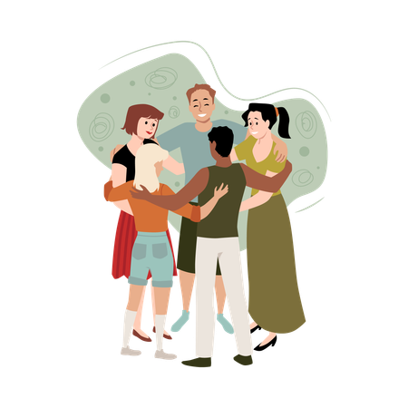Abrazo grupal de jóvenes  Ilustración