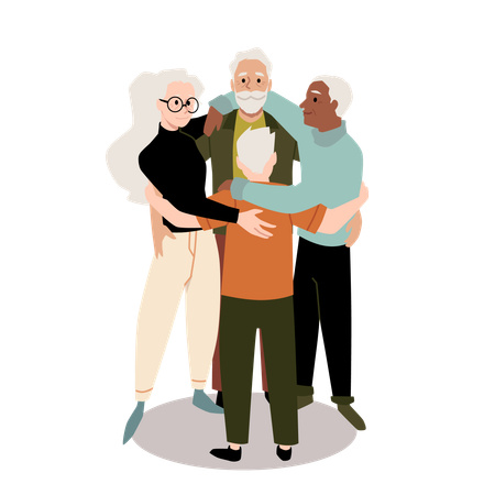 Abrazo grupal de personas mayores  Ilustración