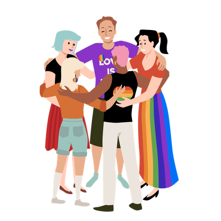Abrazo grupal de varios personajes LGBT bajo el signo del arcoíris  Ilustración