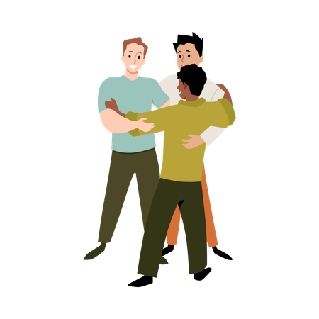 Abrazo grupal que simboliza el trabajo en equipo y la amistad.  Ilustración