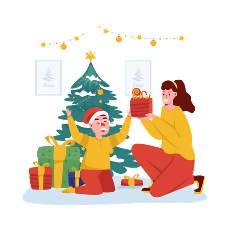 Abriendo regalo de navidad  Ilustración