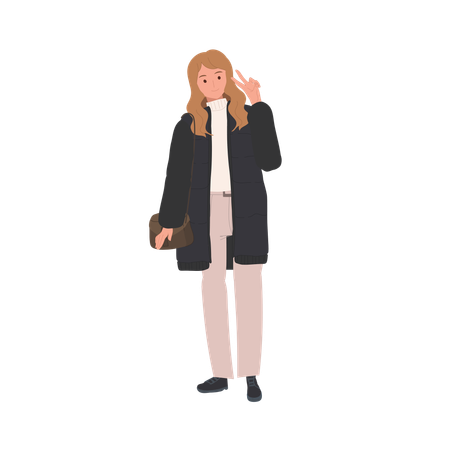 Abrigo de invierno para mujer de moda con pose de signo de la paz moderno al aire libre  Ilustración