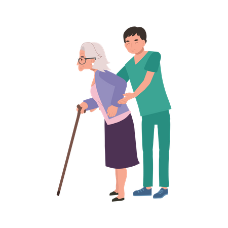 Abuela anciana caminando ayuda por un enfermero feliz en uniforme  Ilustración