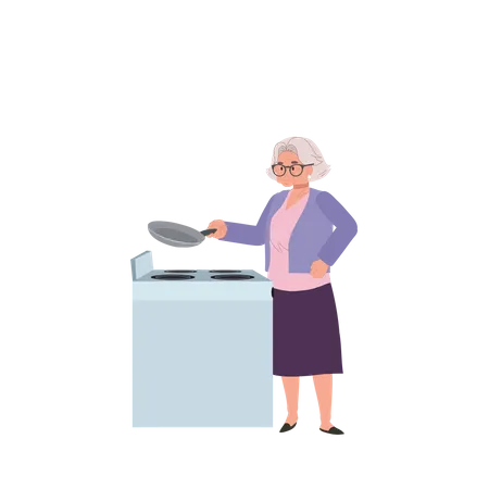 Abuelita cocinando comidas caseras tradicionales en la estufa  Ilustración