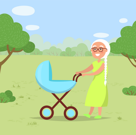 Abuela con niño en cochecito de bebé en el parque  Ilustración