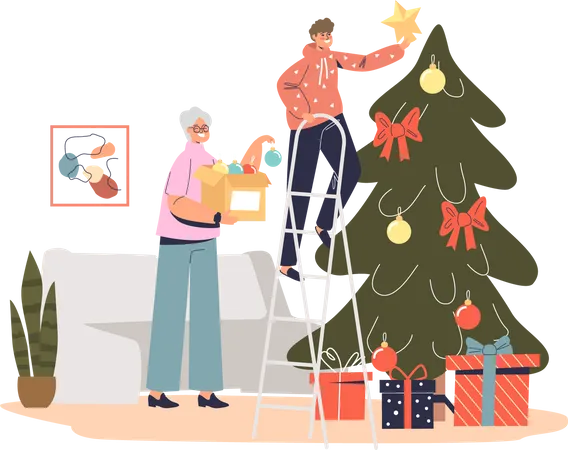 Abuela decorando el árbol de navidad junto con su nieto colgando una estrella en la cima del pino  Ilustración