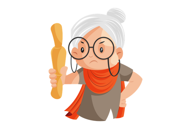 La abuela enojada sostiene un rodillo en la mano  Ilustración
