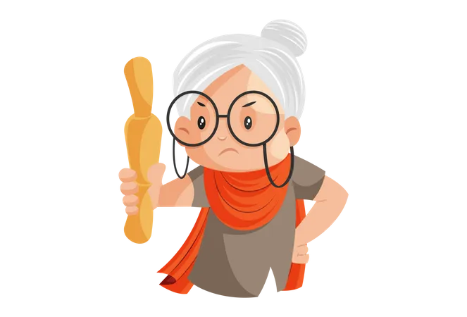 La abuela enojada sostiene un rodillo en la mano  Ilustración