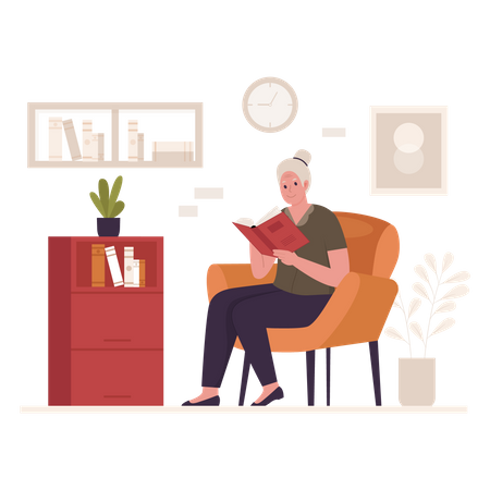 Abuelita leyendo un libro en el sofá  Ilustración