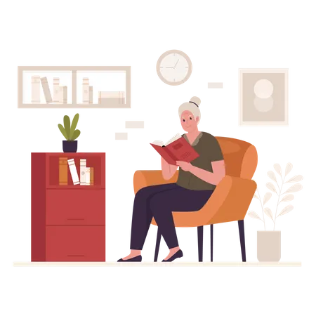Abuelita leyendo un libro en el sofá  Ilustración
